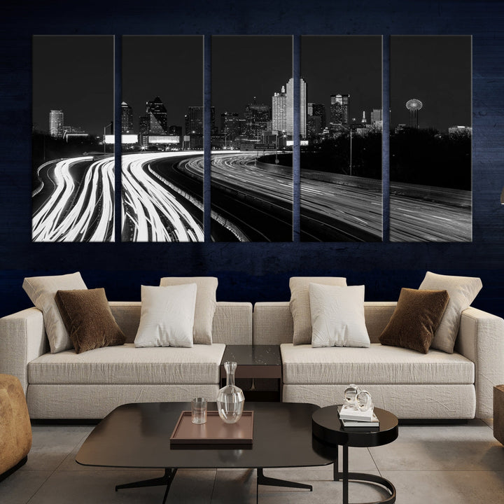 Dallas City Street Lights Skyline Black and White Wall Art Cityscape Canvas Print
