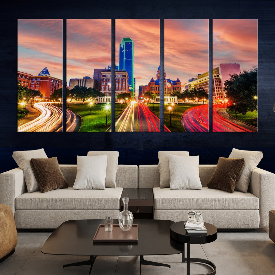 Dallas City Lights Sunset Orange Cloudy Skyline Cityscape View Wall Art Canvas Print