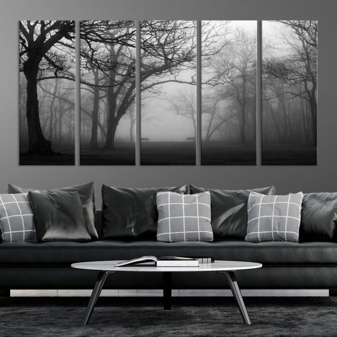 Black and White Foggy Forest Wall Art Canvas Print