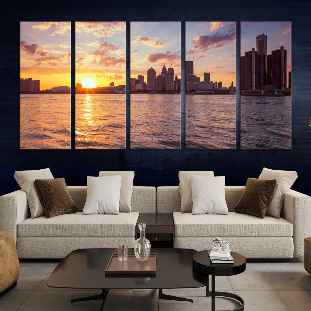 Detroit City Lights Sunrise Cloudy Skyline Cityscape View Wall Art Canvas Print