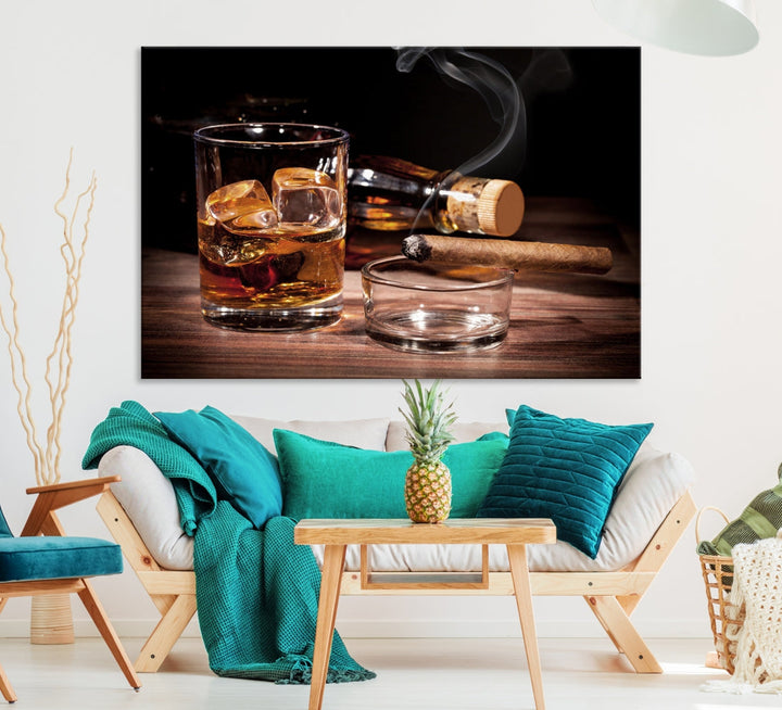 Impression sur toile d'art de whisky élégant, impression de cigares cubains, Art mural