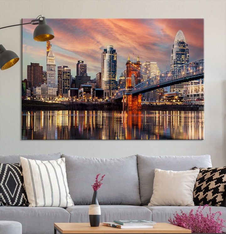 Luces de la ciudad de Cincinnati Puesta de sol Colorido horizonte nublado Vista del paisaje urbano Arte de pared grande Impresión en lienzo