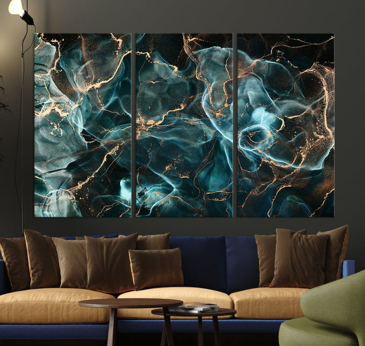 Neon Blue Marble Smokey Effect Wall Art Abstract Canvas Wall Art Print