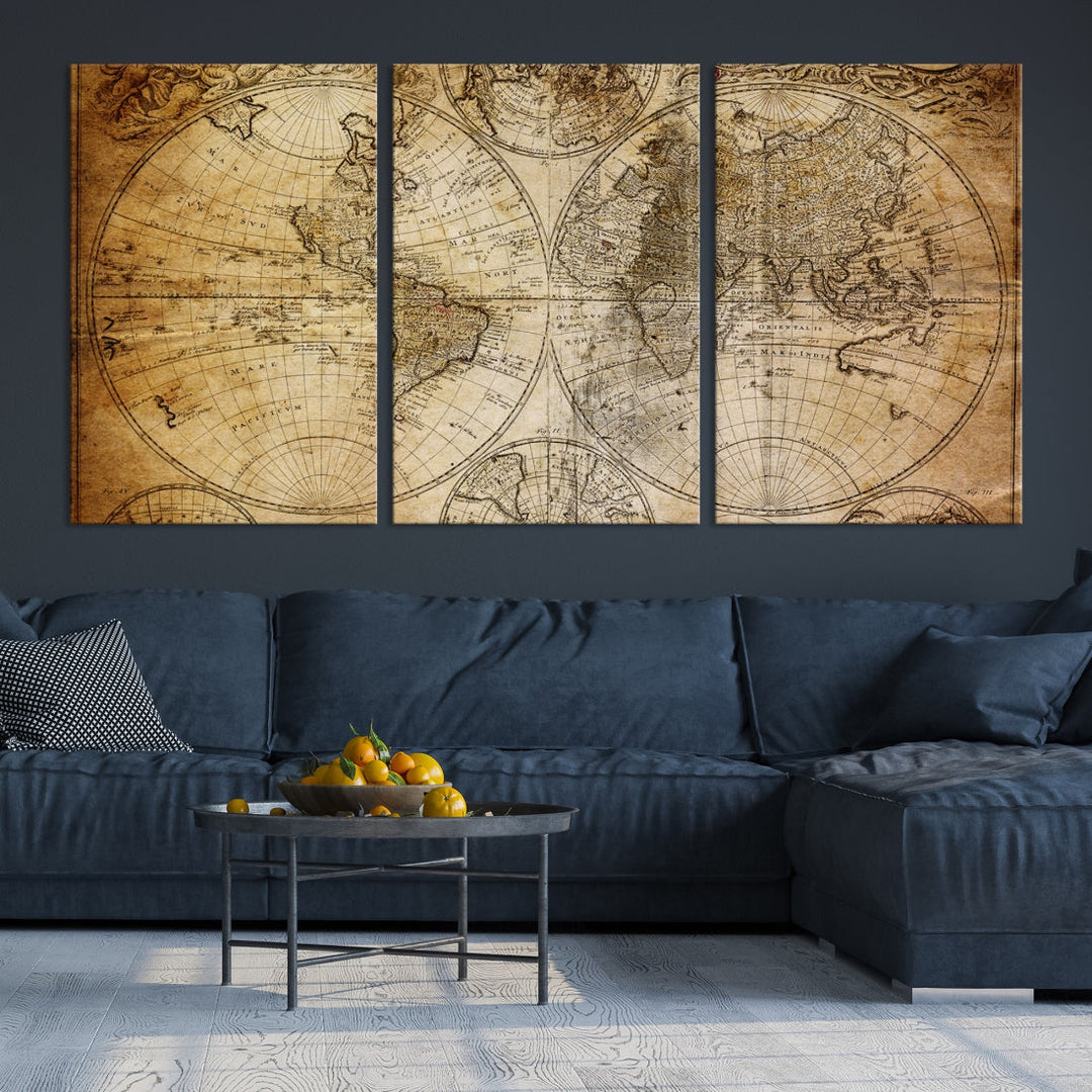 75053 - Industrial detallado Push Pin Travel Map World -3 Panel Set, Push Pin Map World, Mapa de lienzo, Arte de pared grande, Arte industrial, Arte de mapa mundial