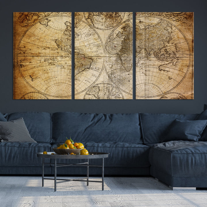 75053 - Industrial detallado Push Pin Travel Map World -3 Panel Set, Push Pin Map World, Mapa de lienzo, Arte de pared grande, Arte industrial, Arte de mapa mundial
