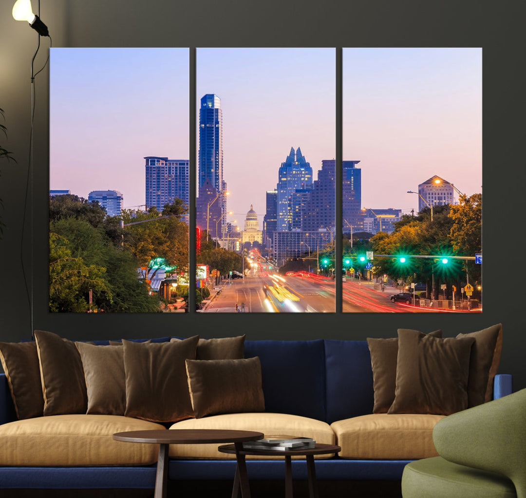 Austin City Lights Sunset Purple Skyline Cityscape View Wall Art Canvas Print