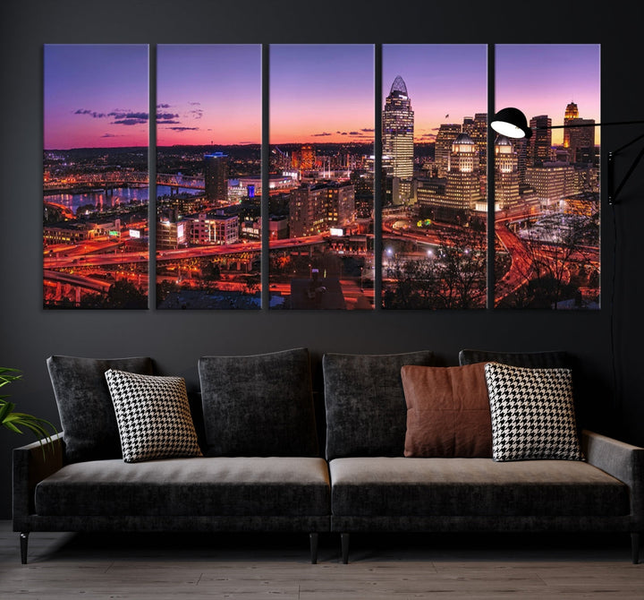 Impresión en lienzo de arte de pared grande con vista del paisaje urbano del horizonte púrpura del atardecer de la ciudad de Cincinnati