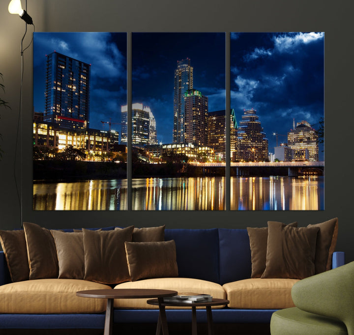 Austin City Lights Night Blue Cloudy Skyline Cityscape View Wall Art Canvas Print