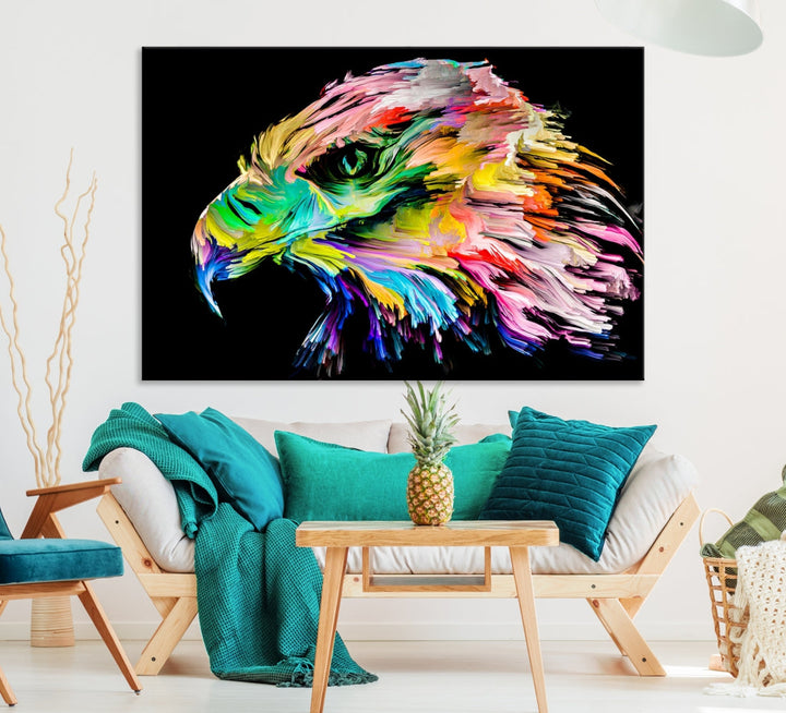 Pintura en lienzo con diseño de águila arcoíris, arte de pared grande, arte animal arcoíris, naturaleza, impresión abstracta, arte de sala de estar, dormitorio, enmarcado, listo para colgar, lienzo de águila, decoración del hogar, regalo de graduación
