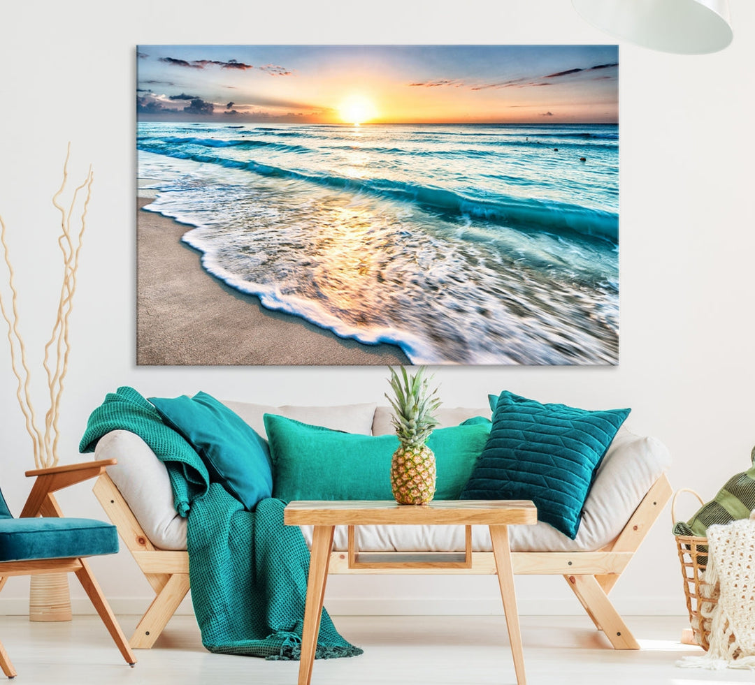 Impression sur toile de plage d'art mural d'île tropicale de coucher de soleil de plage d'océan côtier