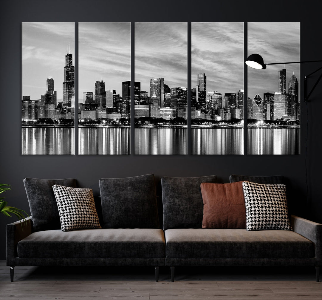 Horizonte nublado de la ciudad de Chicago Arte de pared en blanco y negro Paisaje urbano Lienzo