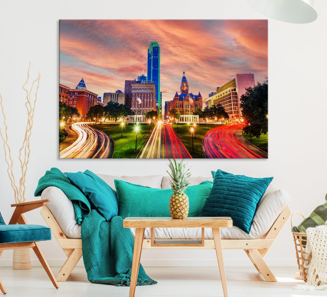 Dallas City Lights Sunset Orange Cloudy Skyline Cityscape View Wall Art Canvas Print