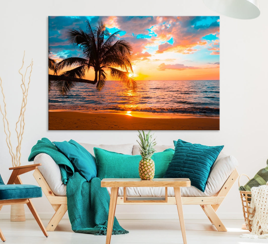 Palm Tree Sunset On The Beach Wall Art Canvas Print