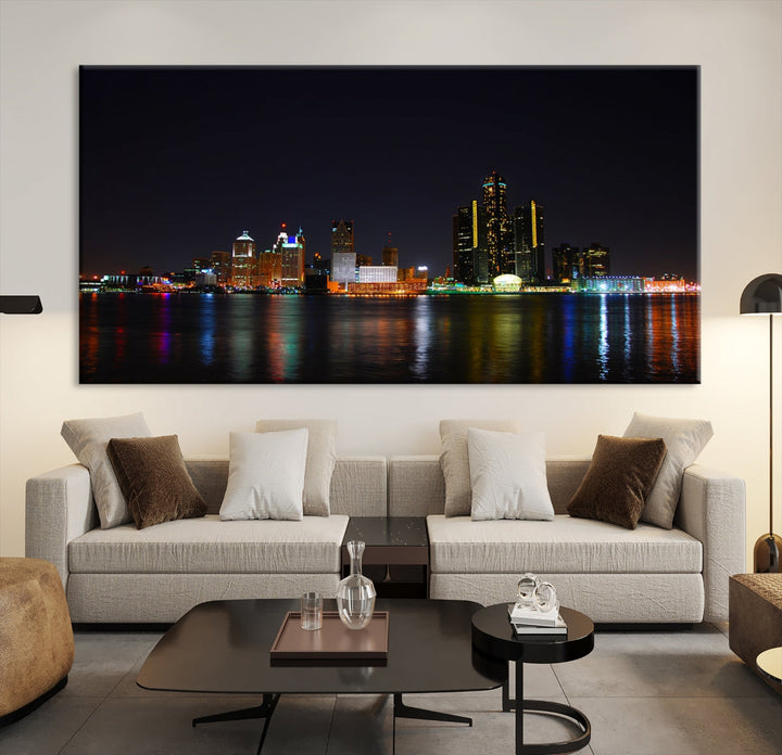 Impresión en lienzo de arte de pared grande con vista del paisaje urbano del horizonte nocturno de las luces de la ciudad de Detroit