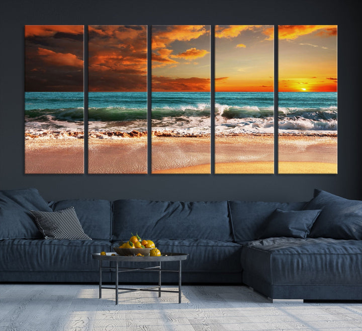 Sunset Ocean Wave Beach Wall Art Canvas Print, Red Sunset Printing