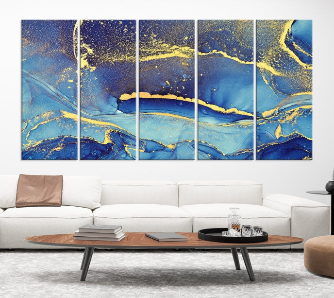 Arte de pared grande con efecto fluido de mármol azul, lienzo abstracto moderno, impresión artística de pared