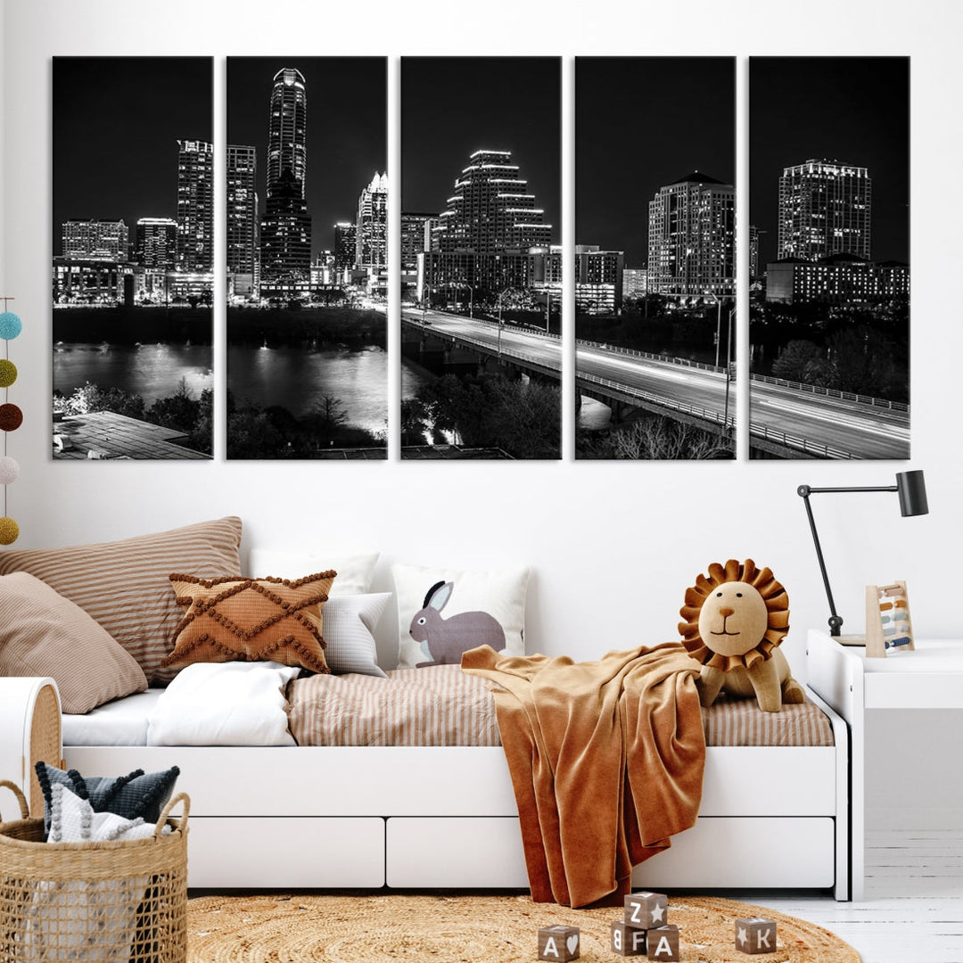 Austin City Lights Skyline Arte de pared en blanco y negro Paisaje urbano Lienzo