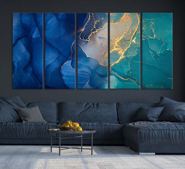 Impression d’art mural sur toile abstraite à effet fluide en marbre bleu marine et vert