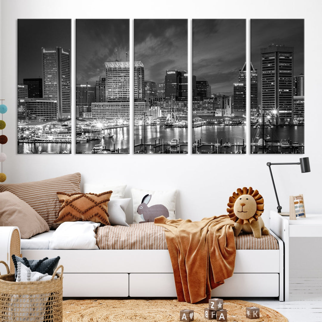 Baltimore City Lights Cloudy Skyline Black and White Wall Art Cityscape Canvas Print