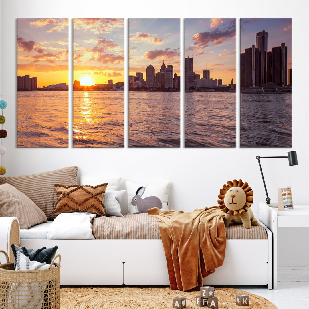 Detroit City Lights Sunrise Cloudy Skyline Cityscape View Wall Art Impression sur toile