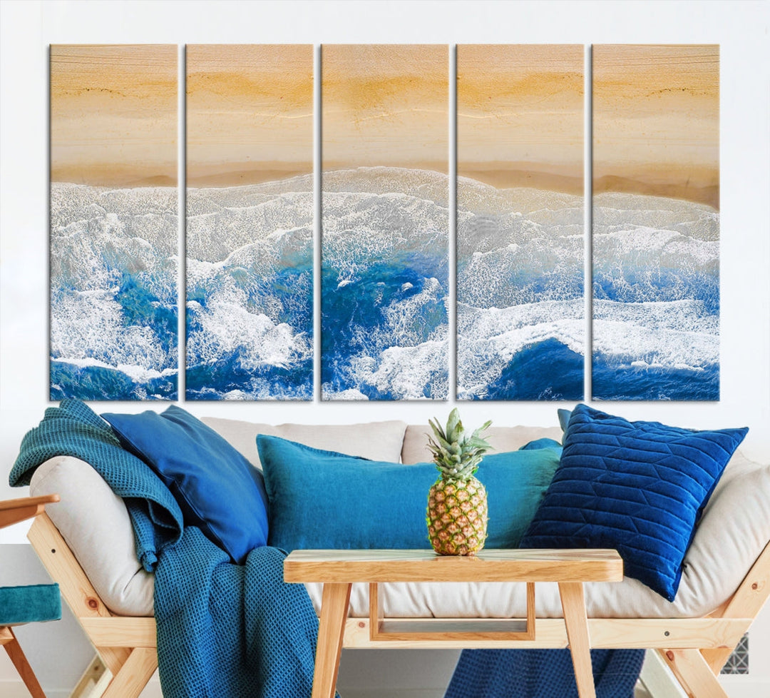 Maravilloso lienzo de playa aérea, impresión artística de pared, paisaje de playa, arte oceánico, pintura abstracta grande, lienzo original enmarcado listo para colgar obras de arte para sala de estar, cocina, dormitorio, decoración del hogar
