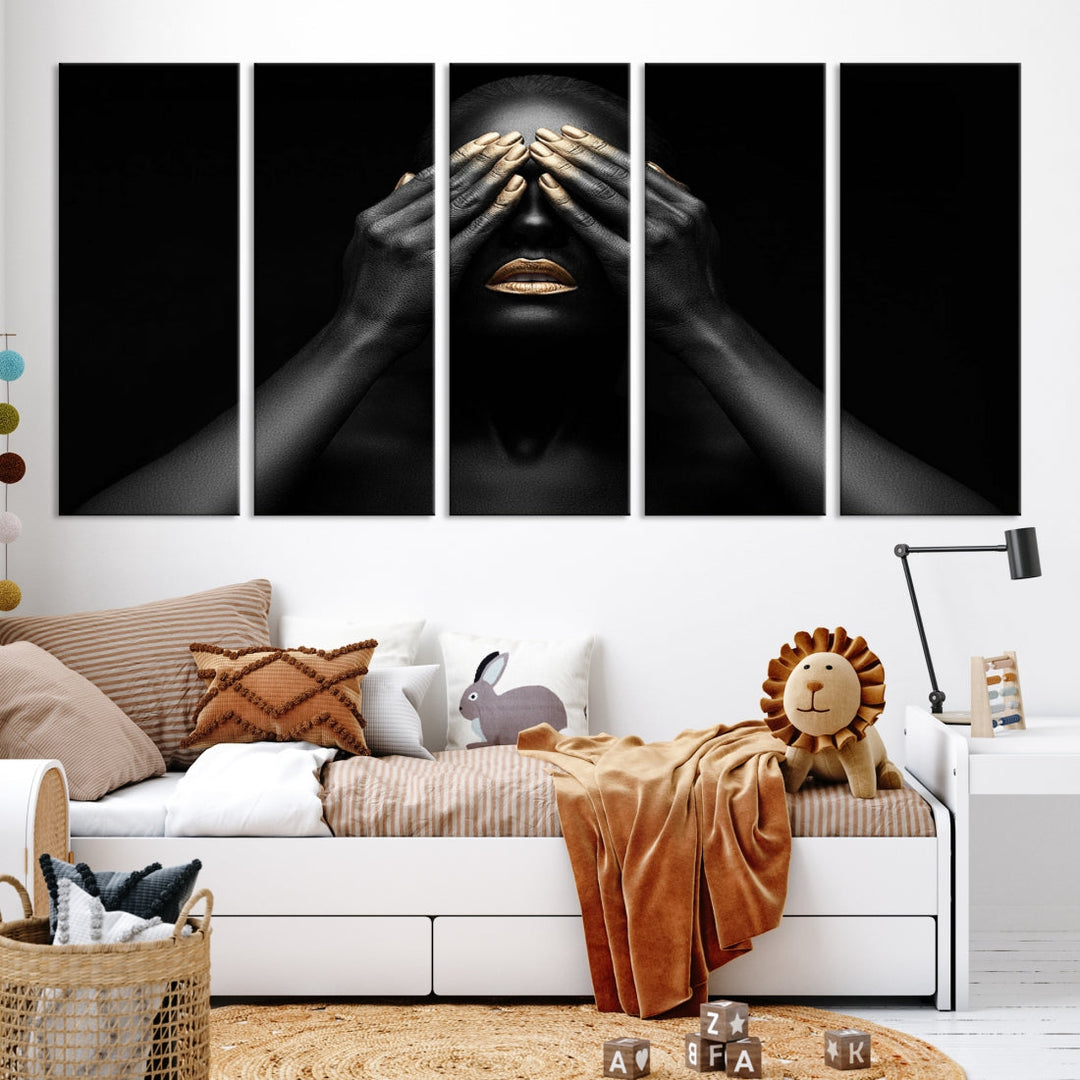 Arte afroamericano Lienzo blanco y negro Arte de la pared Labios dorados Arte Mujer Foto Arte