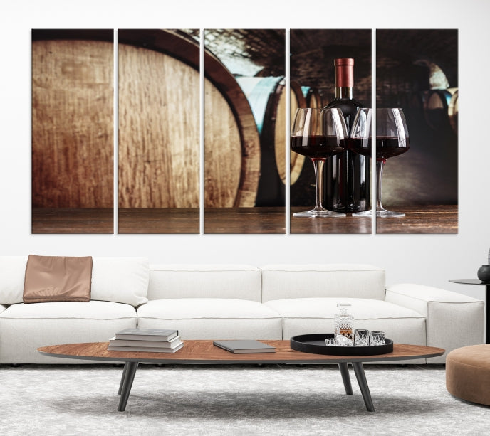 Lienzo decorativo para pared grande con vino y barril