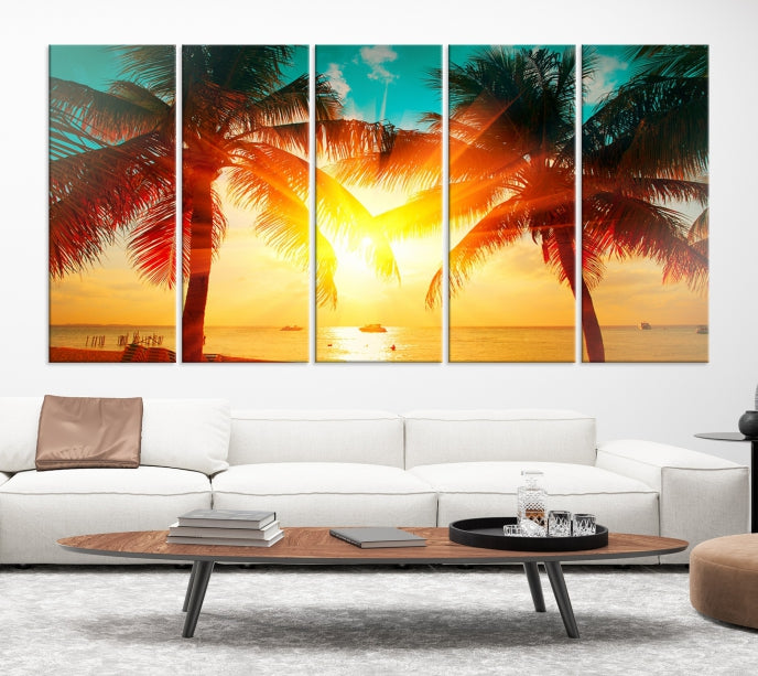 Impression sur toile d’art mural de plage de palmiers et de coucher de soleil