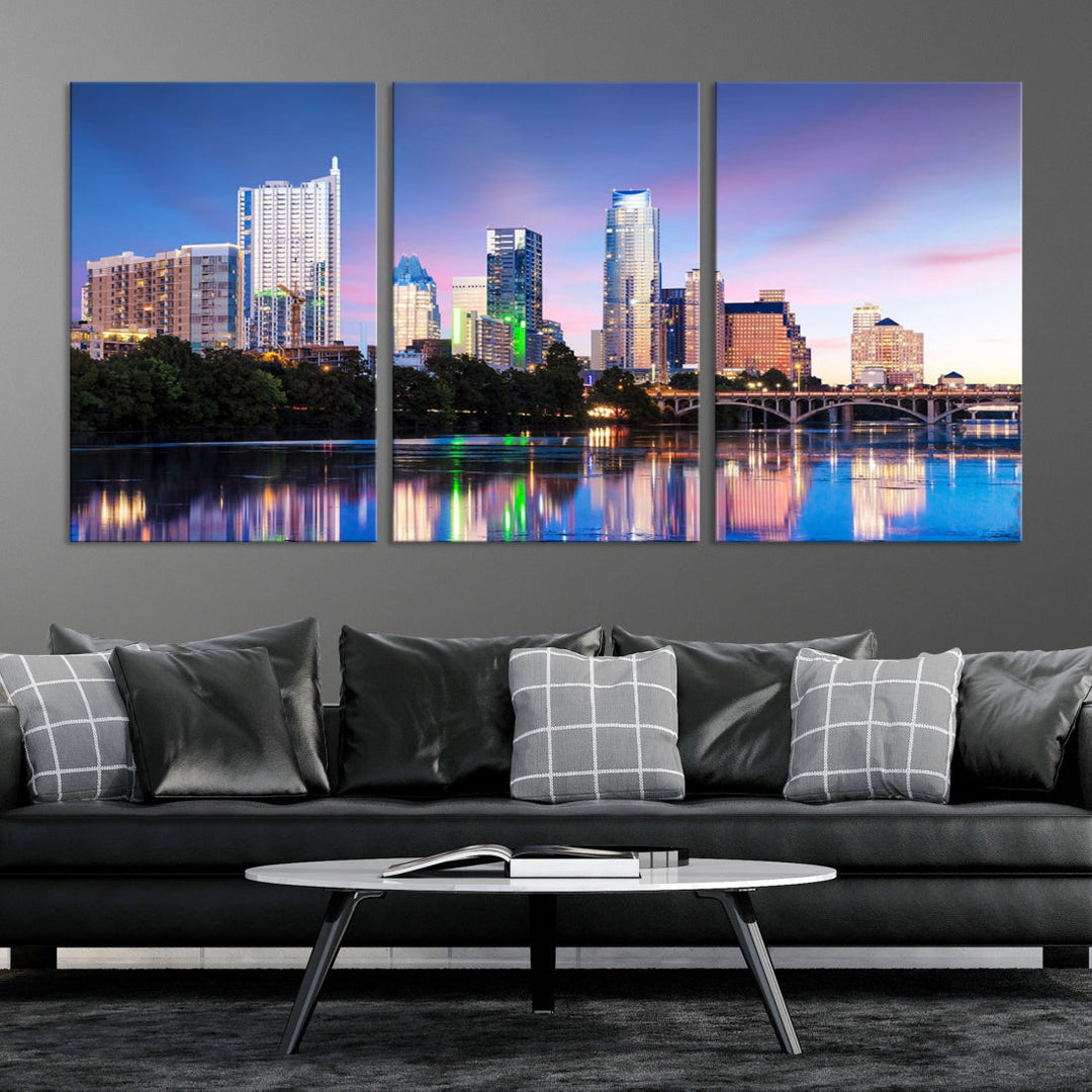 Austin City Lights Sunset Blue and Purple Skyline Cityscape View Wall Art Canvas Print