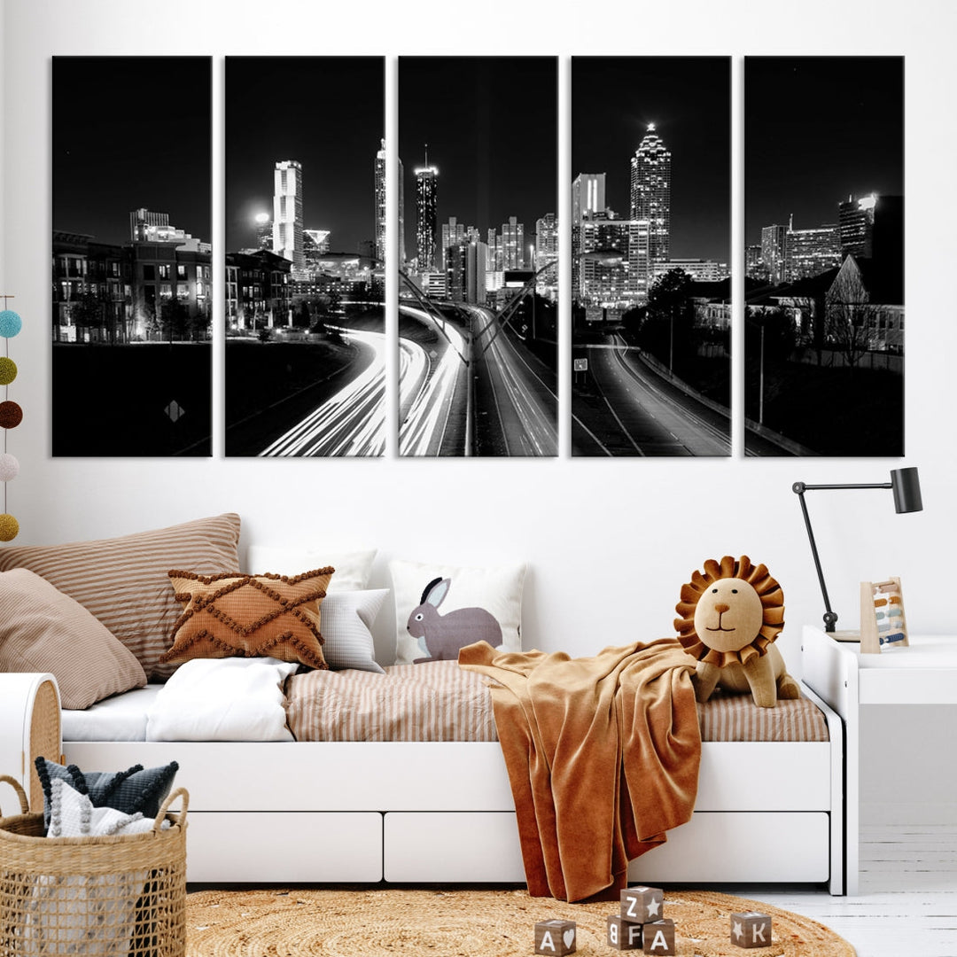 Skyline de luces de la ciudad de Atlanta Arte de pared en blanco y negro Paisaje urbano Lienzo