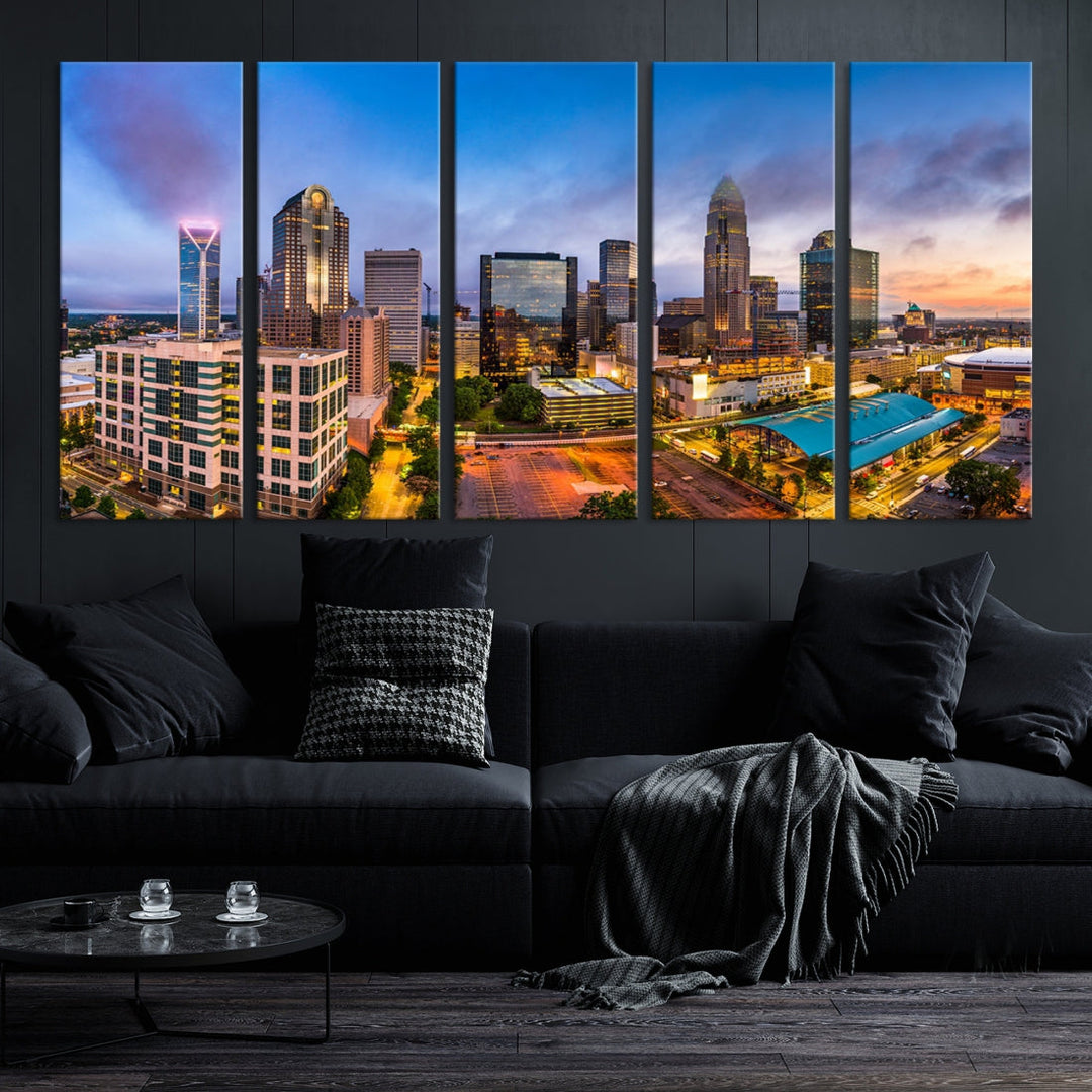 Charlotte City Lights Sunset Violet et Bleu Skyline Impression sur toile