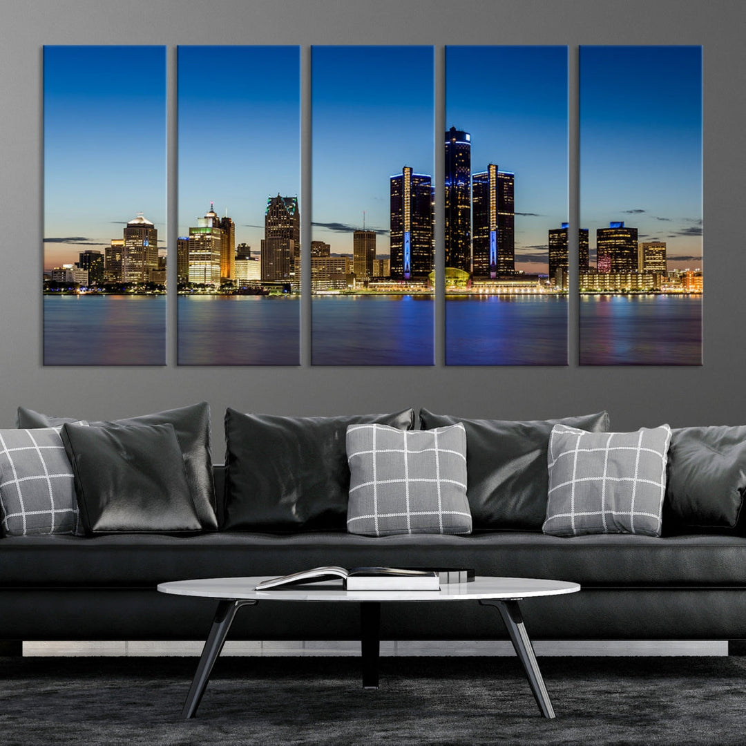 Impresión en lienzo de arte de pared grande con vista del paisaje urbano del horizonte del amanecer de las luces de la ciudad de Detroit