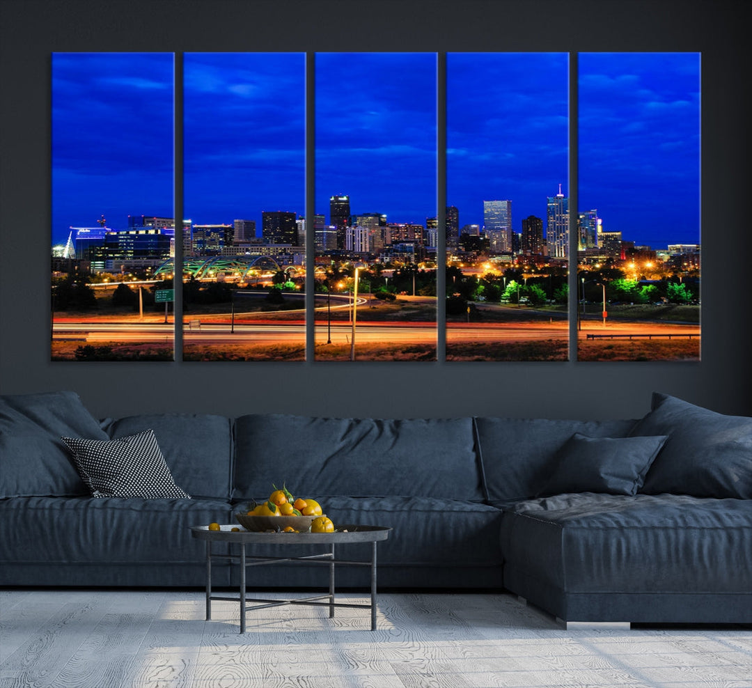 Impresión en lienzo de arte de pared grande con vista del paisaje urbano del horizonte azul brillante de las luces de la ciudad de Dallas