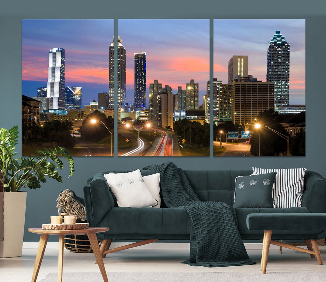 Atlanta City Lights Coucher de soleil Skyline Paysage urbain Vue Art mural Impression sur toile