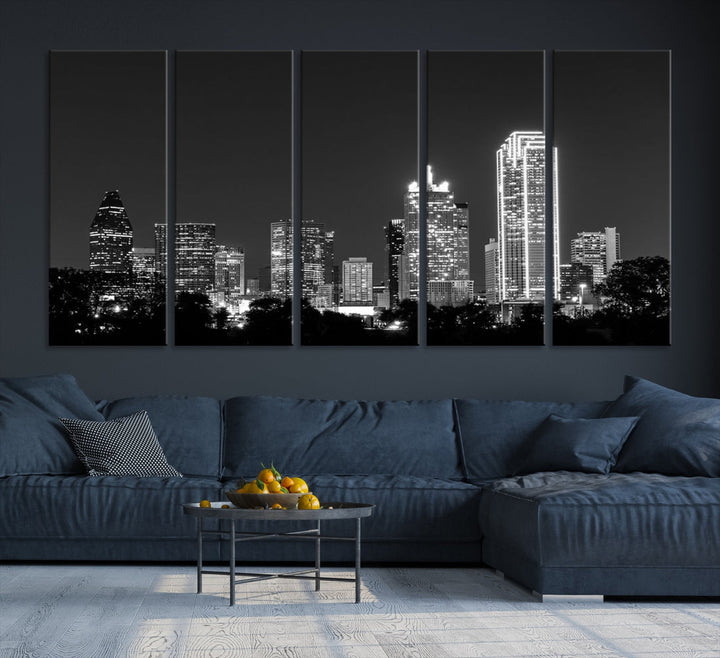 Skyline de luces de la ciudad de Dallas Arte de pared en blanco y negro Paisaje urbano Lienzo