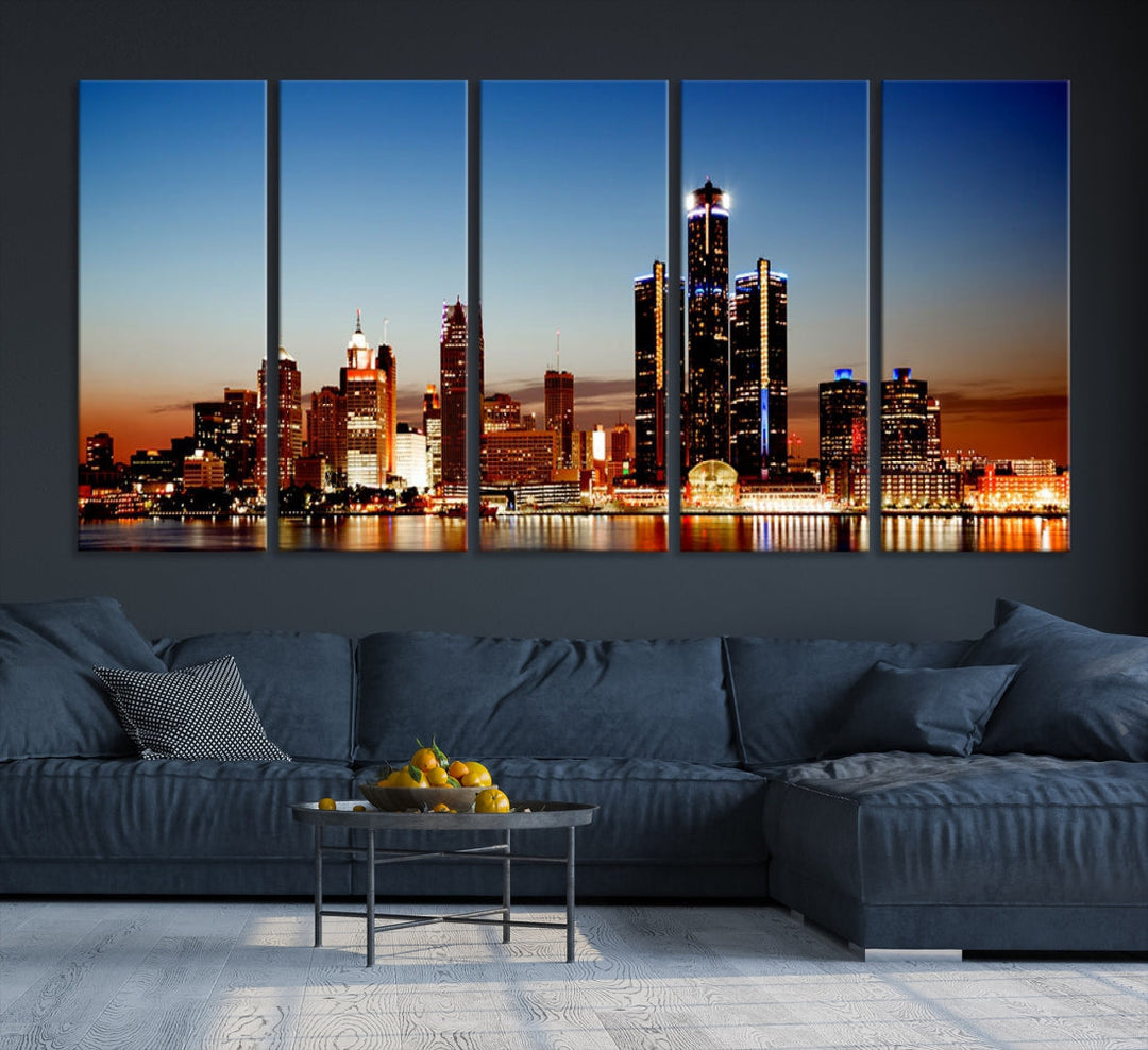 Impresión en lienzo de arte de pared grande con vista del paisaje urbano del horizonte de las luces de la ciudad de Detroit