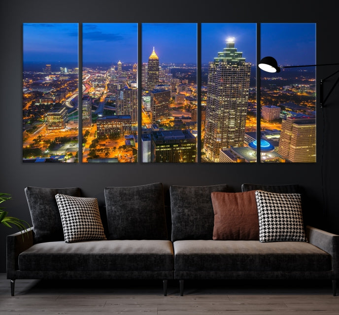 Atlanta City Night Blue Skyline Cityscape View Wall Art Canvas Print