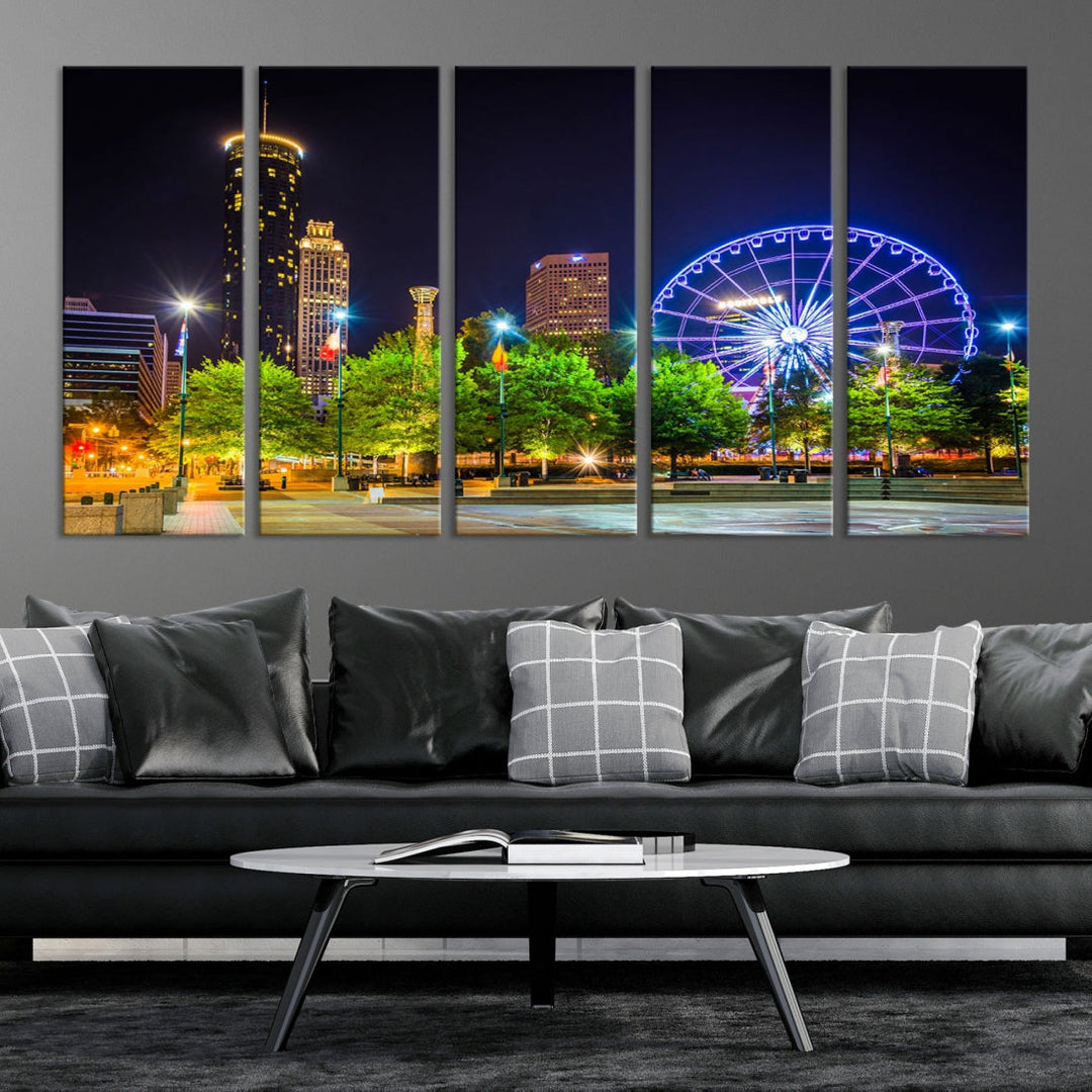 Atlanta City Night Ferris Wheel Cityscape View Wall Art Canvas Print