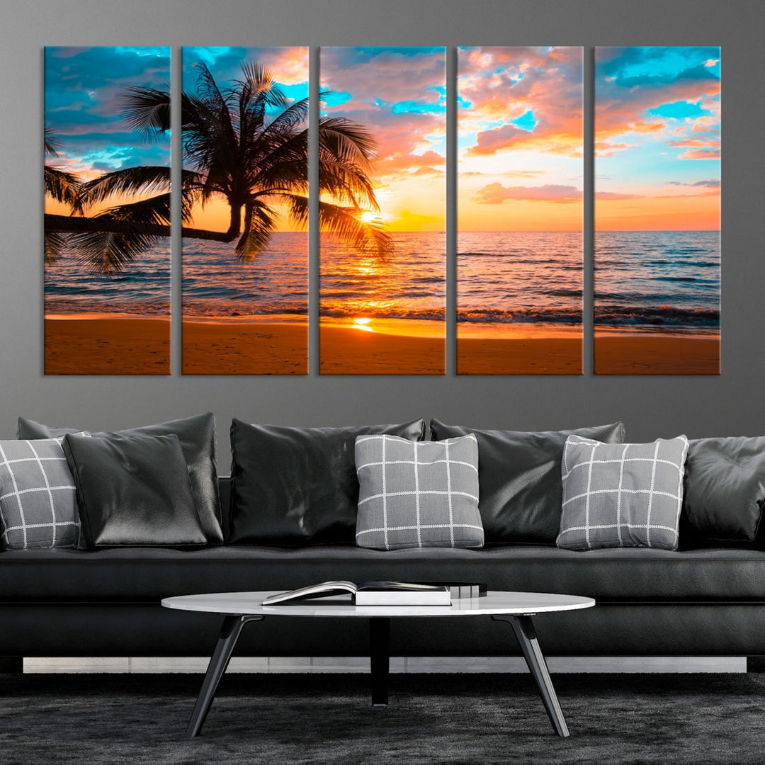Palm Tree Sunset On The Beach Wall Art Canvas Print