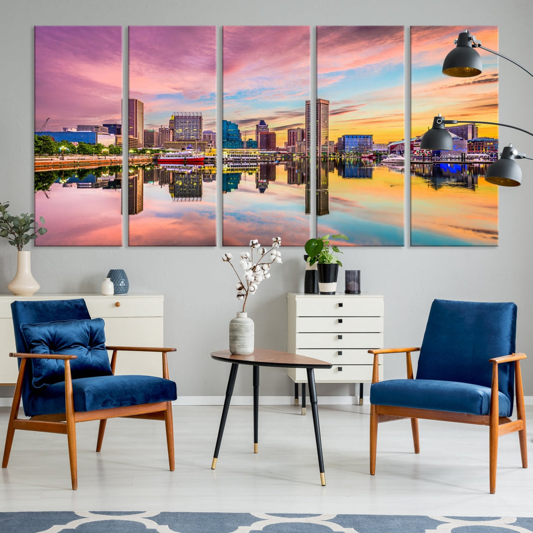Baltimore City Lights Coucher de soleil rose et orange Skyline Cityscape View Wall Art Impression sur toile