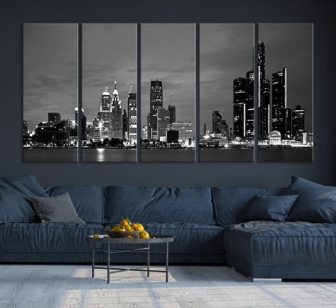 Detroit City Lights Skyline Arte de pared en blanco y negro Paisaje urbano Lienzo