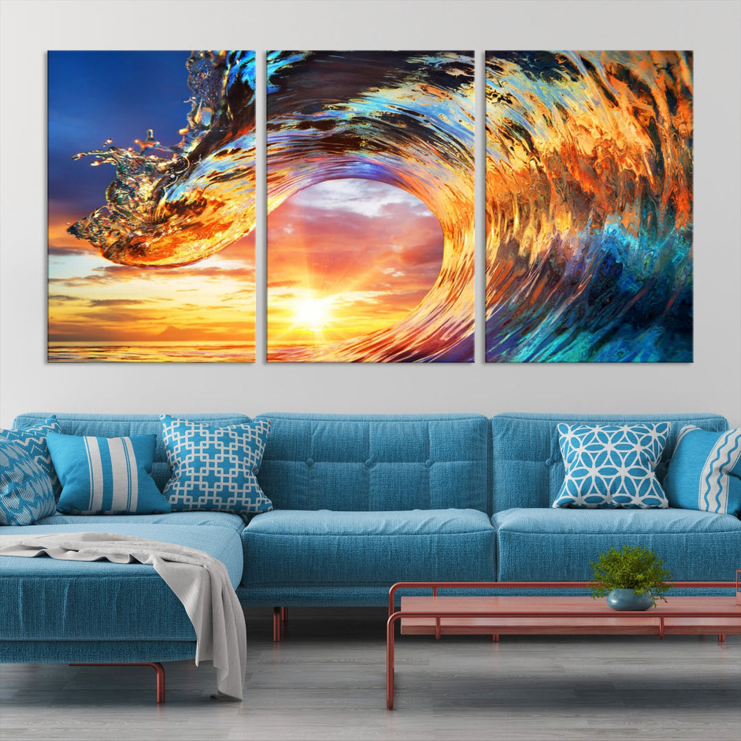 Lienzo decorativo para pared, diseño de olas, rizos, puesta de sol y océano