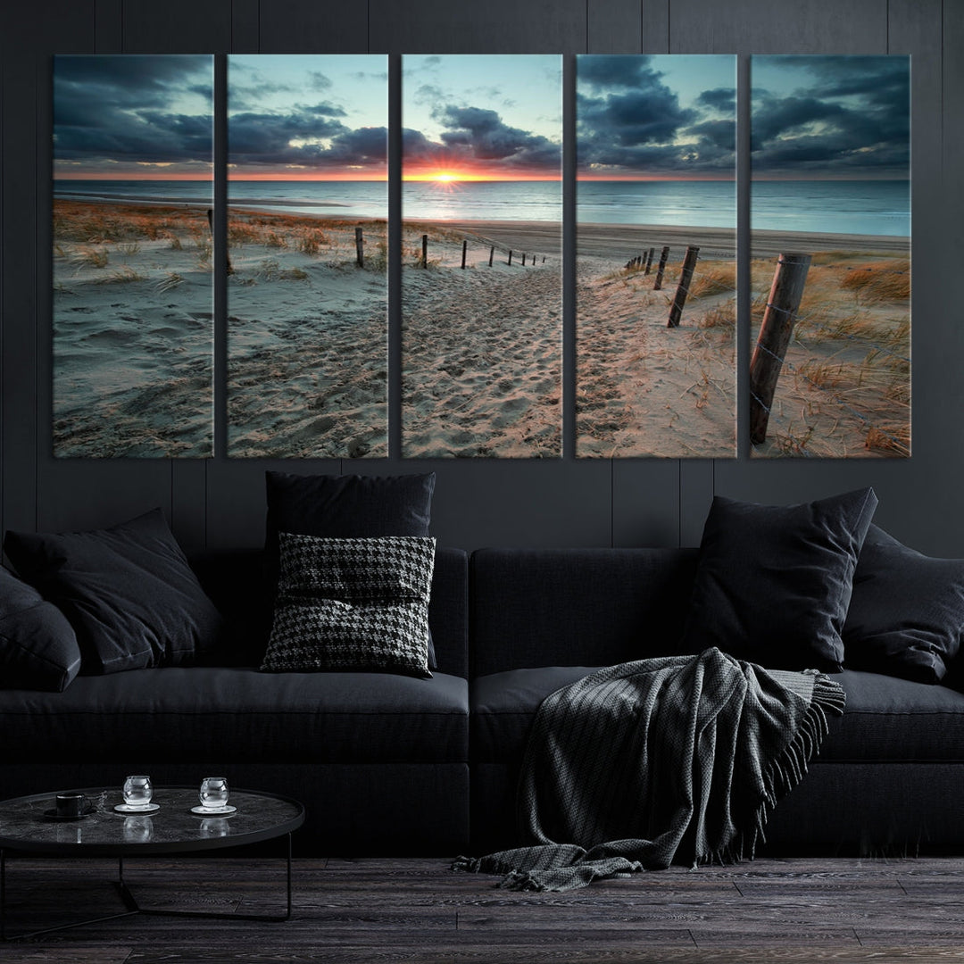 Impression sur toile d'art mural de plage au coucher du soleil par temps nuageux