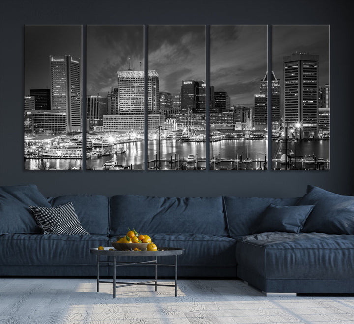 Baltimore City Lights Cloudy Skyline Art mural noir et blanc Paysage urbain Impression sur toile