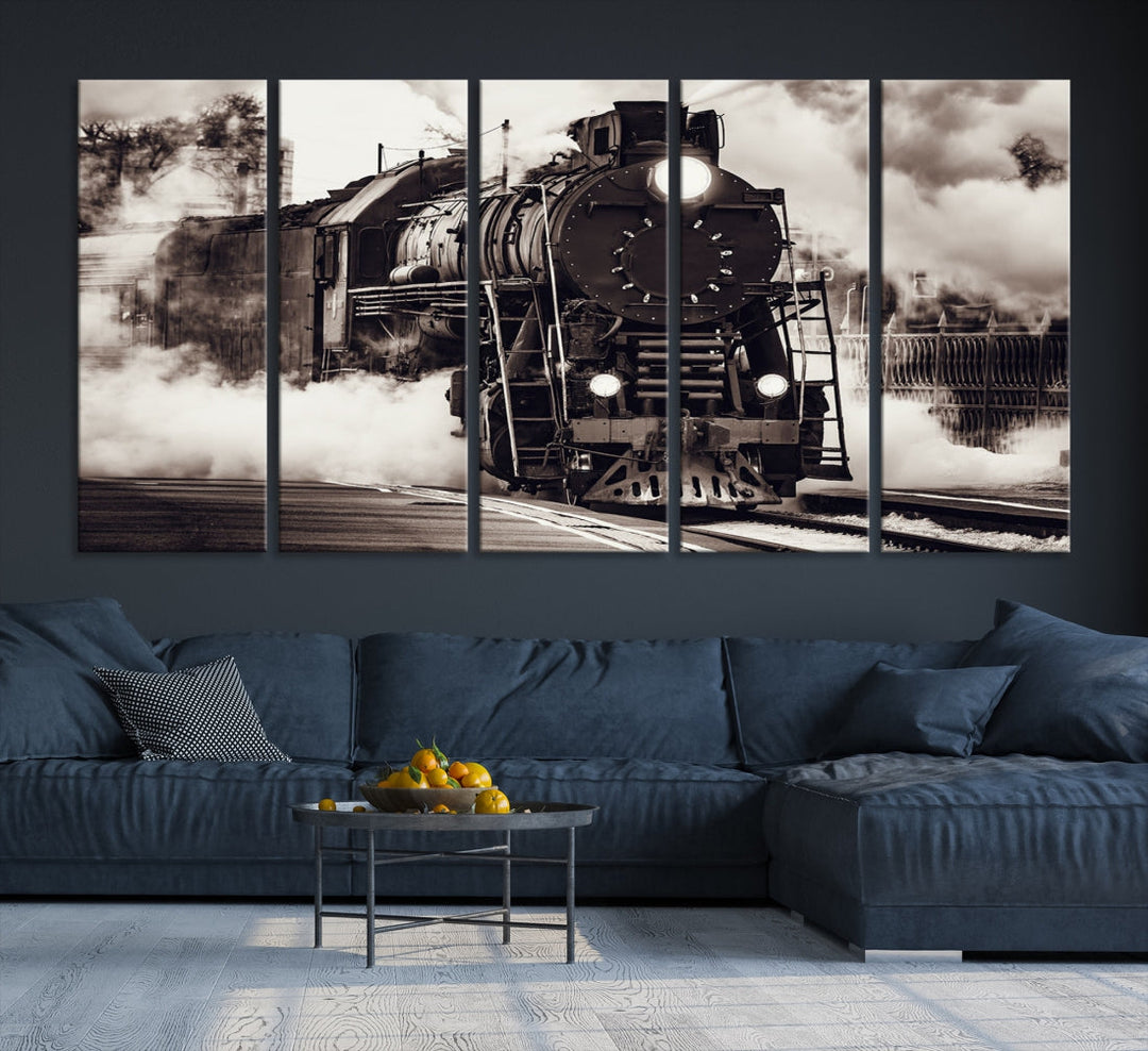 Lienzo de locomotora de vapor en blanco y negro, impresión extra grande