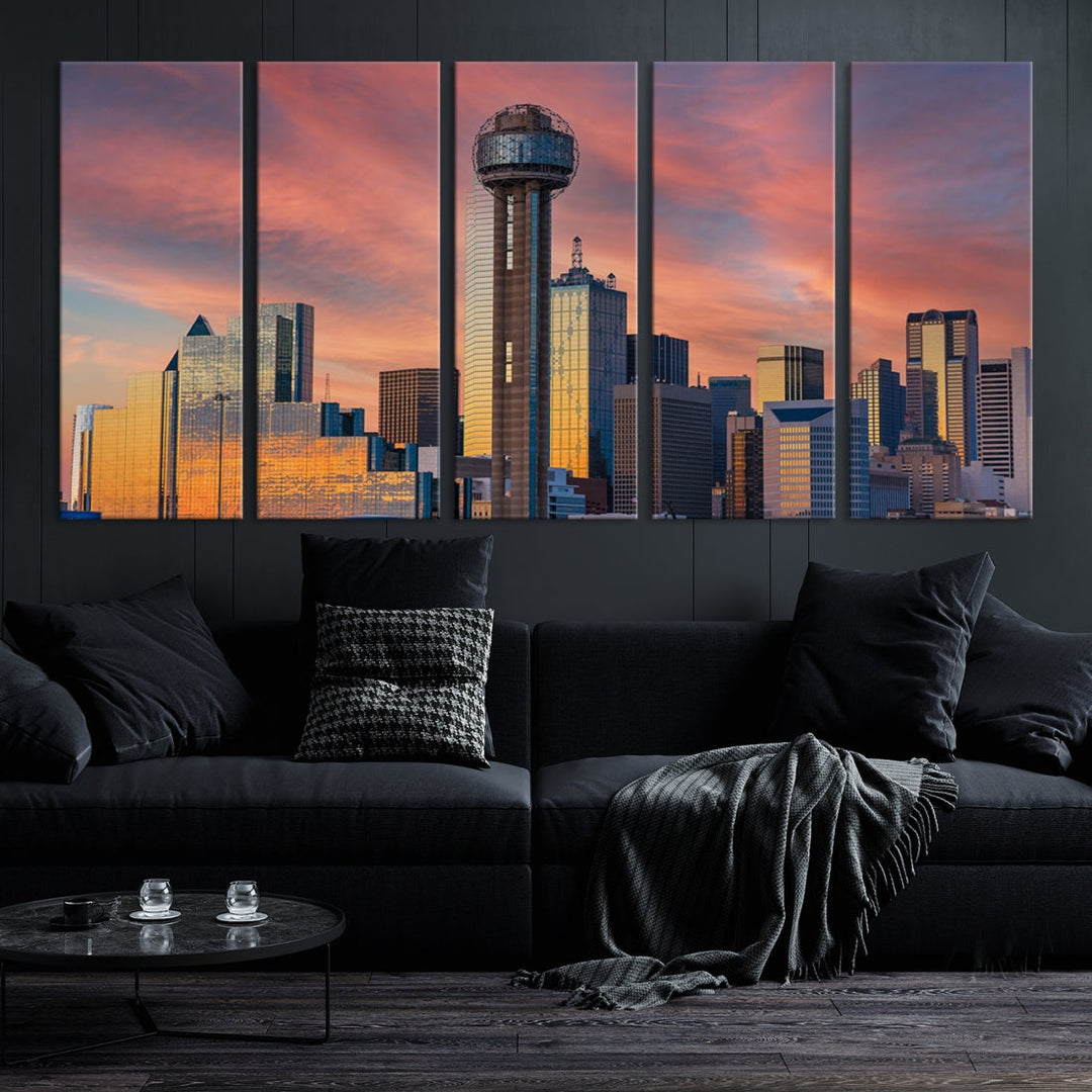 Impresión en lienzo de arte de pared grande con vista del paisaje urbano del horizonte del atardecer de la torre de la ciudad de Dallas
