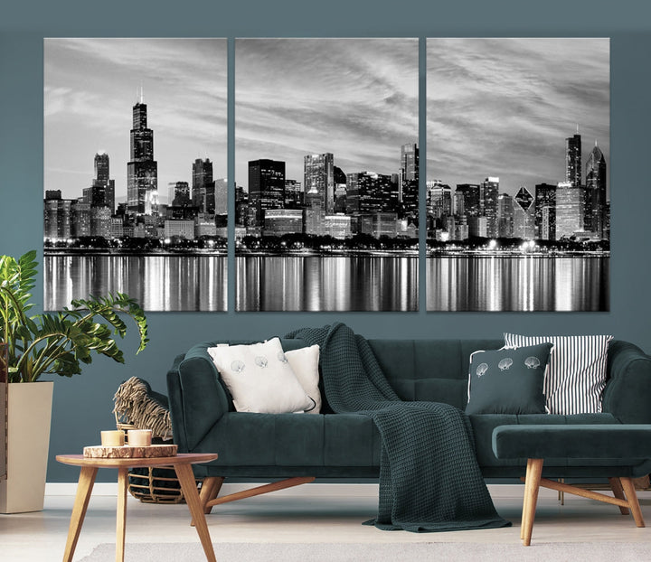 Chicago City Cloudy Skyline Art mural noir et blanc Paysage urbain Impression sur toile