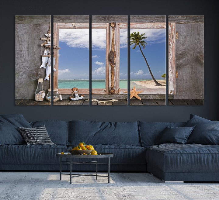 Art mural de fenêtre Plage relaxante Étoile de mer Coquillages Art nautique Œuvre d’art océanique