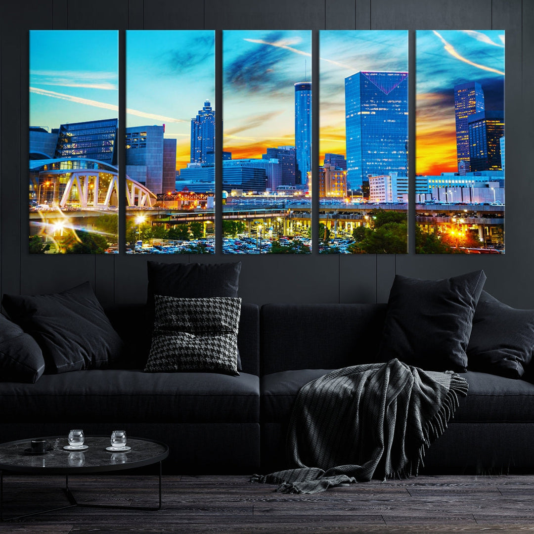 Atlanta City Lights Sunset Blue and Orange Skyline Cityscape View Wall Art Canvas Print