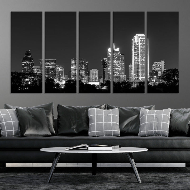 Dallas City Lights Skyline Art mural noir et blanc Paysage urbain Impression sur toile